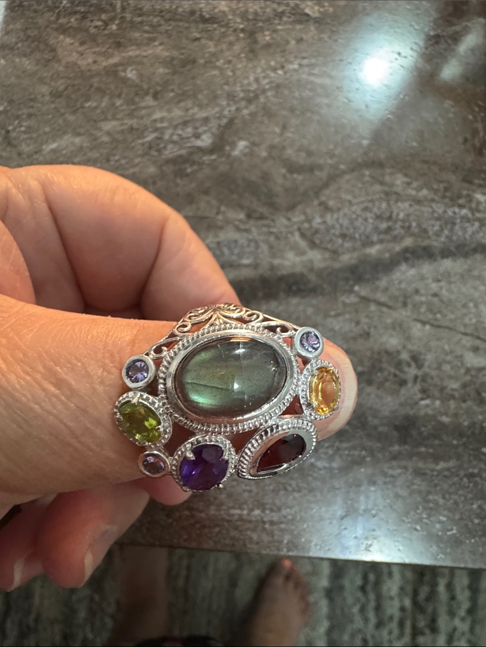 Multi-Gemstone Sterling Silver Statement Ring - Green Center Stone